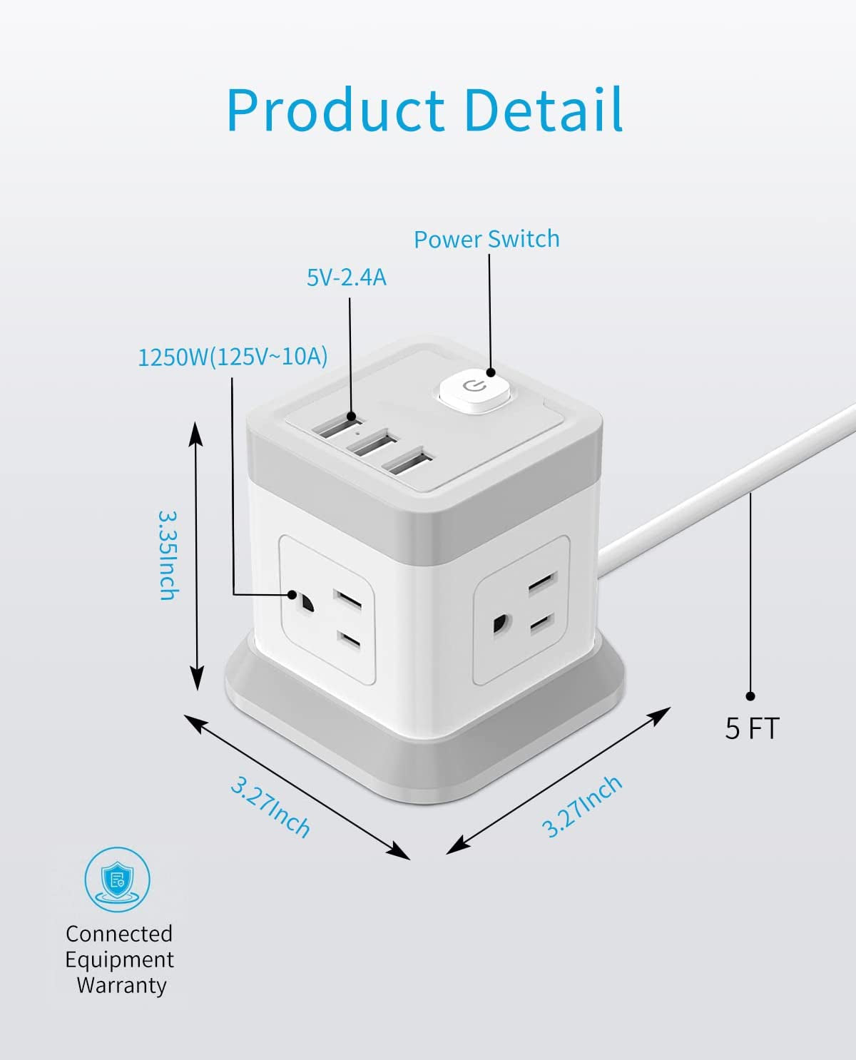Power Strip with USB, Flat Plug Extension Cord with 4 Outlets and 3 USB Ports, 5 FT Power Cord Desktop Charging Station, Overload Protection, Compact Portable for Travel Home Office Cruise Ship
